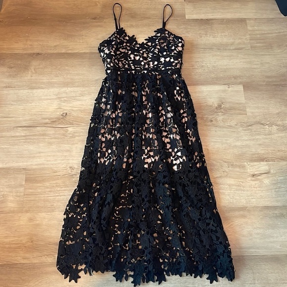 AQUA Black Illusion Crochet Lace Corset Bodice Midi Party Dress M - Picture 2 of 9